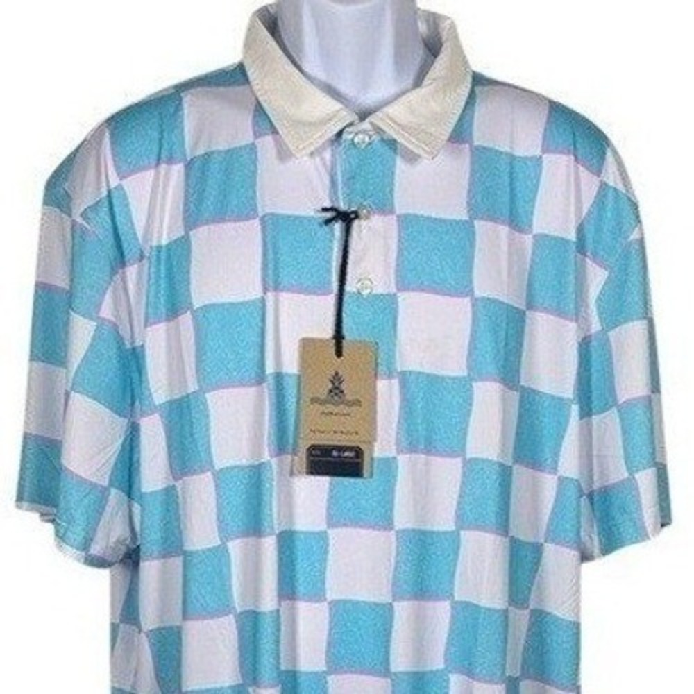 Chubbies Men The Pawn Performance Polo Shirt XXL Teal White Checkered 582232-126